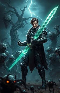 A male hero from another world stands bravely in the midst of a chaotic battlefield, confronting hordes of undead plant-infested zombies
