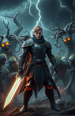 A male hero from another world stands bravely in the midst of a chaotic battlefield, confronting hordes of undead plant-infested zombies