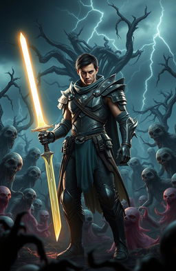 A male hero from another world stands bravely in the midst of a chaotic battlefield, confronting hordes of undead plant-infested zombies