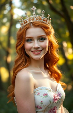 A beautiful young woman with vibrant ginger hair wearing a sparkling crown