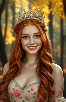 A beautiful young woman with vibrant ginger hair wearing a sparkling crown