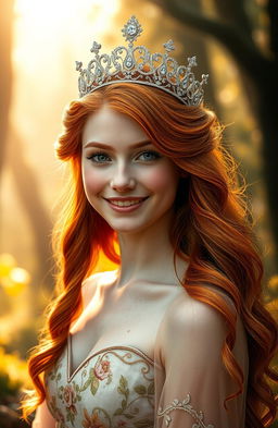 A beautiful young woman with vibrant ginger hair wearing a sparkling crown