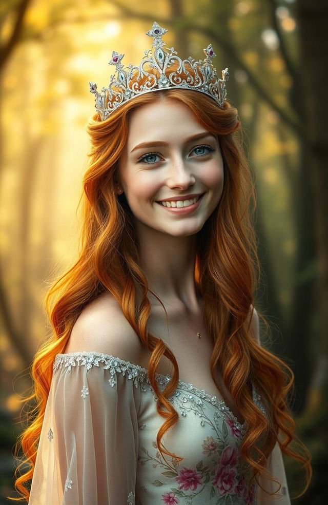 A beautiful young woman with vibrant ginger hair wearing a sparkling crown