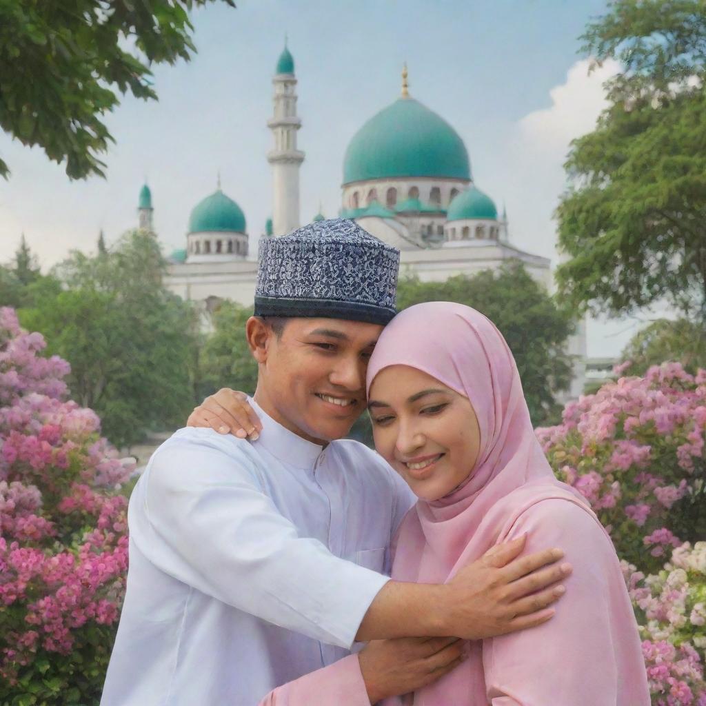 A realistic image of an Indonesian man wearing a Kufi cap and a woman in hijab hugging