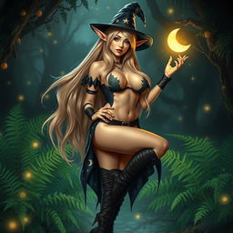 A fantasy scene featuring a beautiful elf with long blonde hair and large breasts