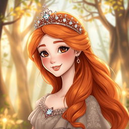 An enchanting illustration of a young woman with vibrant ginger hair adorned with a sparkling crown