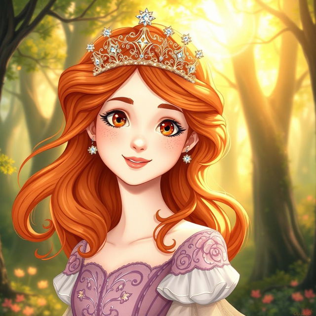 An enchanting illustration of a young woman with vibrant ginger hair adorned with a sparkling crown