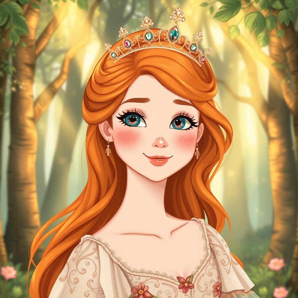 An enchanting illustration of a young woman with vibrant ginger hair adorned with a sparkling crown