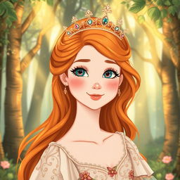 An enchanting illustration of a young woman with vibrant ginger hair adorned with a sparkling crown