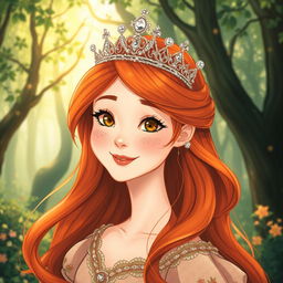 An enchanting illustration of a young woman with vibrant ginger hair adorned with a sparkling crown