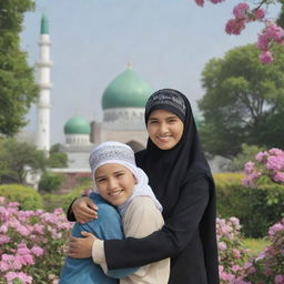 A realistic image of an Indonesian man wearing a Kufi cap and a woman in hijab hugging