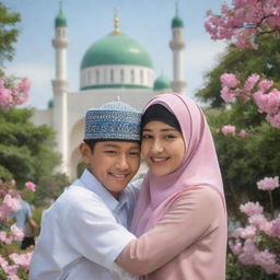 A realistic image of an Indonesian man wearing a Kufi cap and a woman in hijab hugging