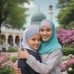 A realistic image of an Indonesian man wearing a Kufi cap and a woman in hijab hugging