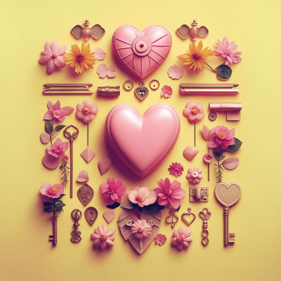 HD digital art of a pastel pink heart in Wes Anderson's style surrounded by symmetrical elements on a soft yellow background.