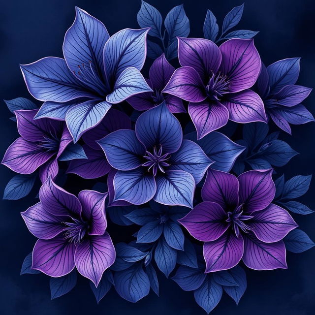 A stunning cover design featuring dark blue and purple flowers intertwined in a beautiful pattern