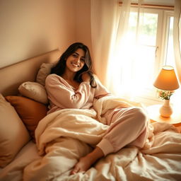 Kriti Sanon depicted in a cozy bedroom, cuddling in bed with soft blankets and pillows