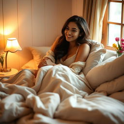 Kriti Sanon depicted in a cozy bedroom, cuddling in bed with soft blankets and pillows