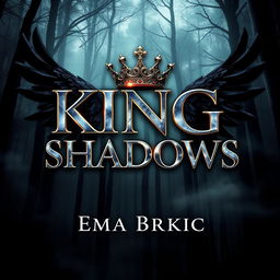An enchanting book cover for 'King of Shadows', featuring the title prominently displayed in glossy metallic letters that gleam against the backdrop