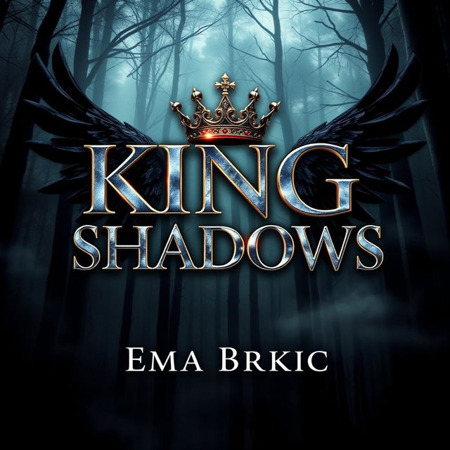 An enchanting book cover for 'King of Shadows', featuring the title prominently displayed in glossy metallic letters that gleam against the backdrop