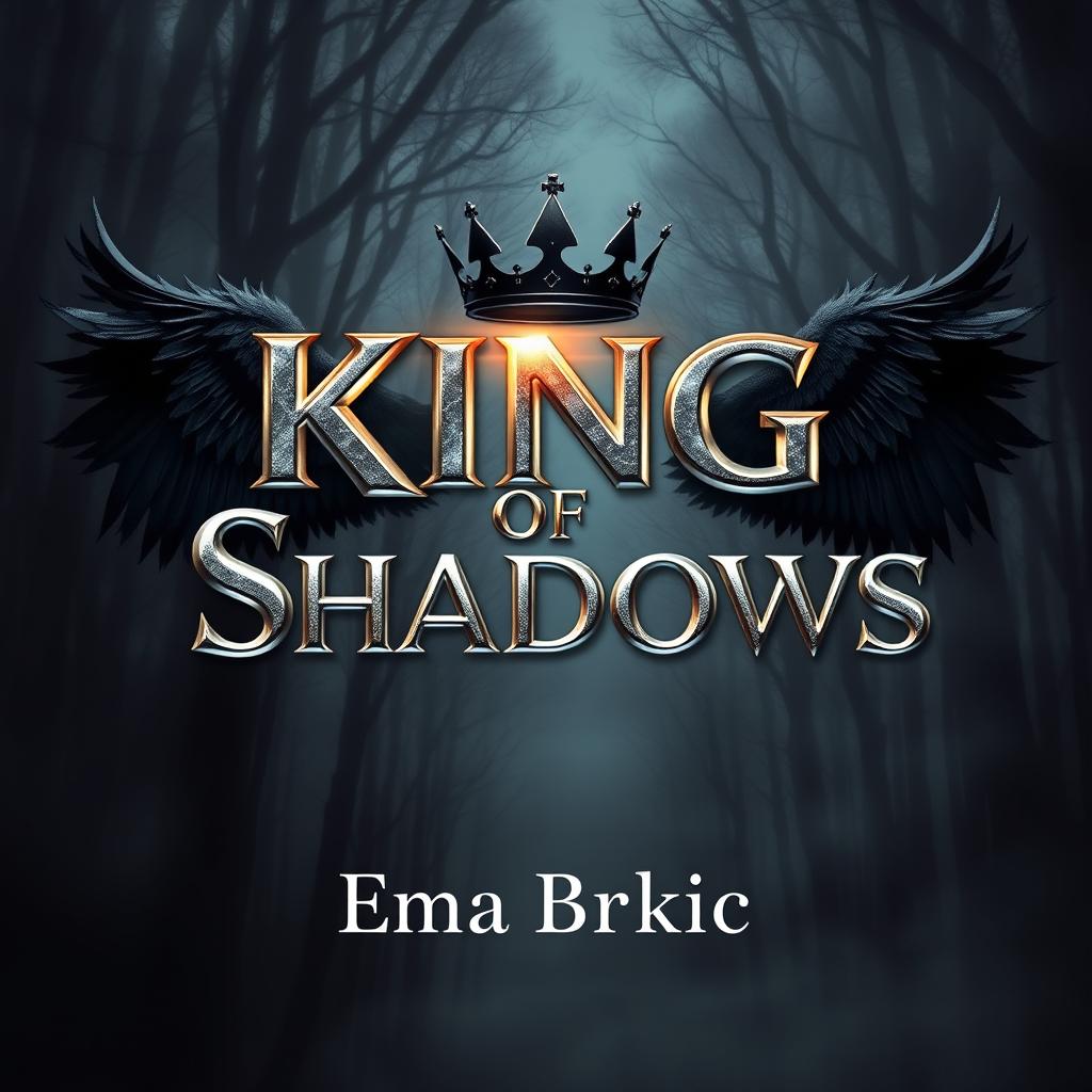 An enchanting book cover for 'King of Shadows', featuring the title prominently displayed in glossy metallic letters that gleam against the backdrop