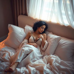 Kriti Sanon in a romantic bedroom setting, embracing intimate moments in bed with an ethereal ambiance