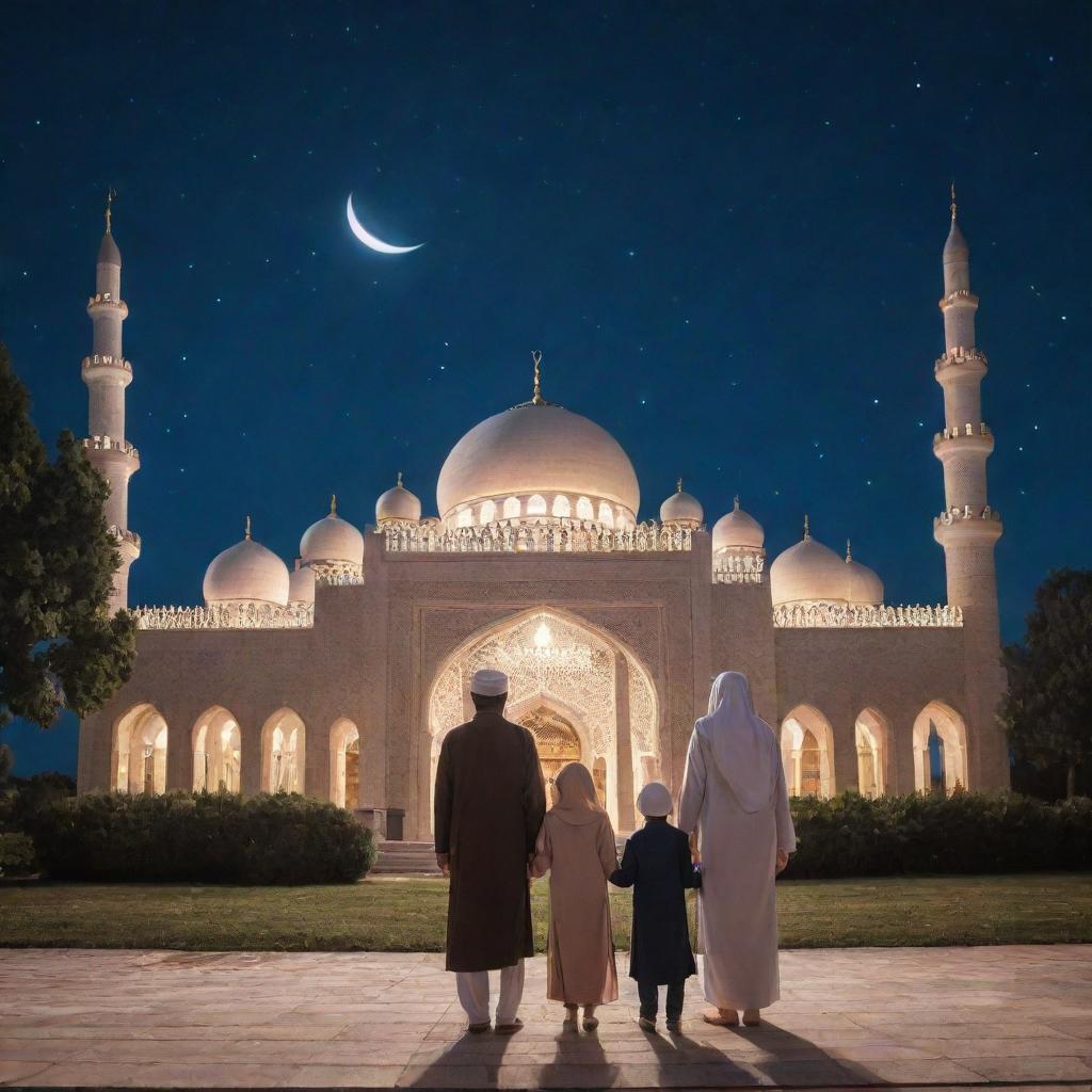 A Muslim family standing in front of a mosque under a starlit sky with a shining moon