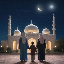 A Muslim family standing in front of a mosque under a starlit sky with a shining moon