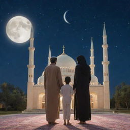 A Muslim family standing in front of a mosque under a starlit sky with a shining moon