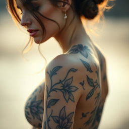 A close-up view of a beautifully styled female figure, elegantly posed, with a focus on body art and natural beauty