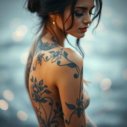 A close-up view of a beautifully styled female figure, elegantly posed, with a focus on body art and natural beauty
