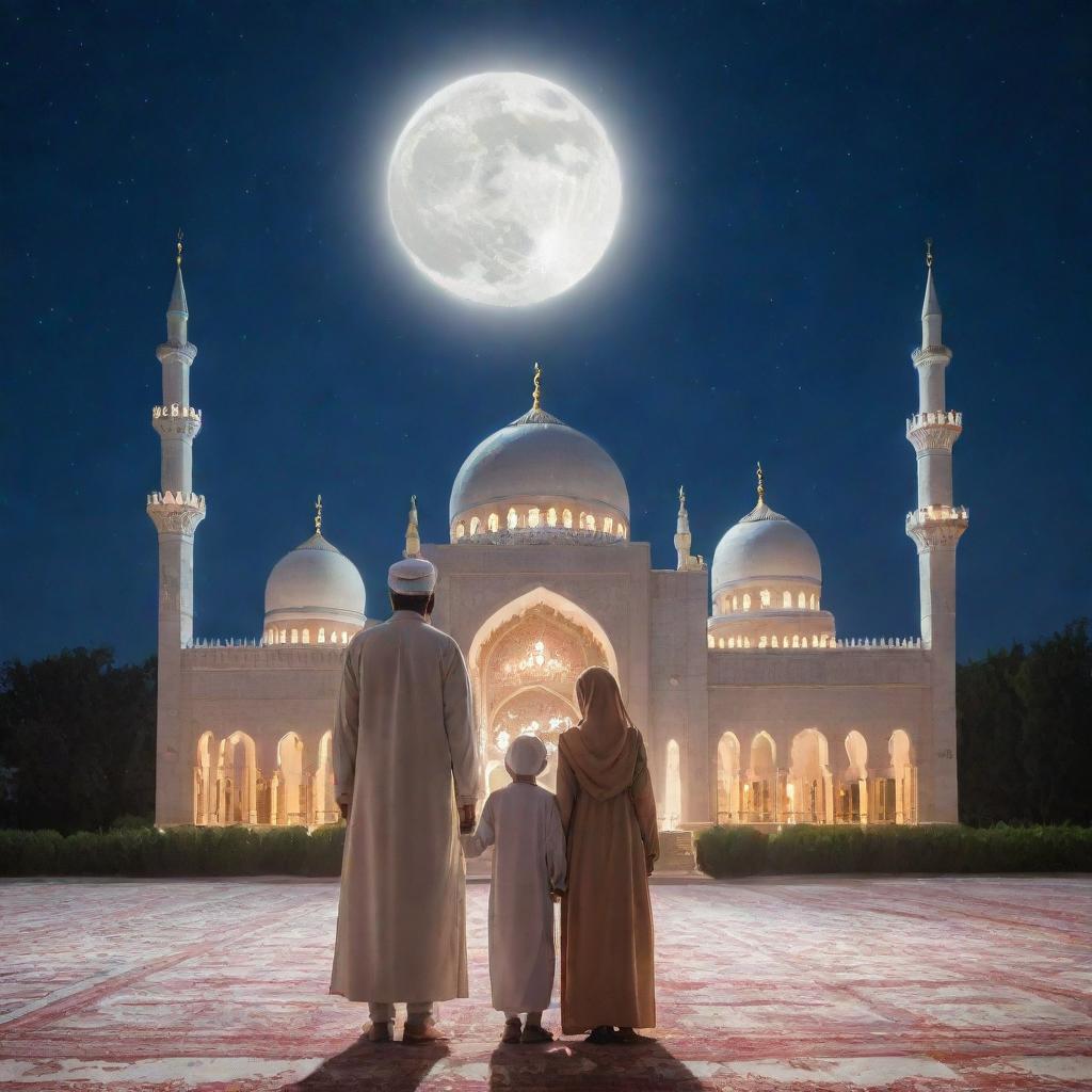 A Muslim family standing in front of a mosque under a starlit sky with a shining moon