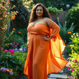 A confident and curvy BBW woman embracing her body positivity, standing in a thoughtfully designed setting that accentuates her natural beauty