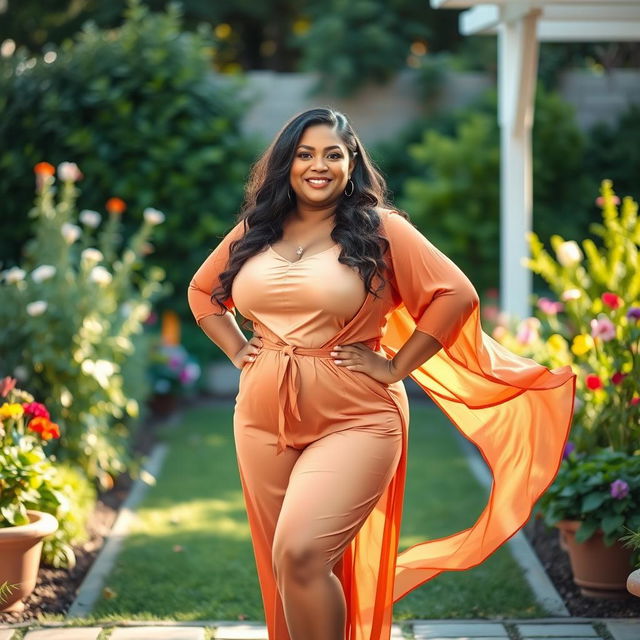 A confident and curvy BBW woman embracing her body positivity, standing in a thoughtfully designed setting that accentuates her natural beauty