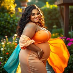 A confident and curvy BBW woman embracing her body positivity, standing in a thoughtfully designed setting that accentuates her natural beauty