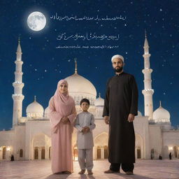 A Muslim family stands, facing the camera, in front of a mosque under a starlit sky with a bright moon