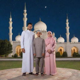 A Muslim family stands, facing the camera, in front of a mosque under a starlit sky with a bright moon