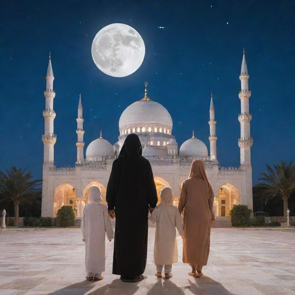 A Muslim family stands, facing the camera, in front of a mosque under a starlit sky with a bright moon