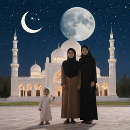 A Muslim family stands, facing the camera, in front of a mosque under a starlit sky with a bright moon