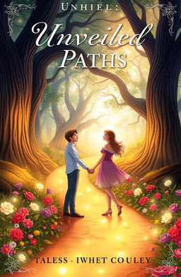A beautifully illustrated book cover for a novel titled 'Unveiled Paths - Tales of Love and Loyalty'