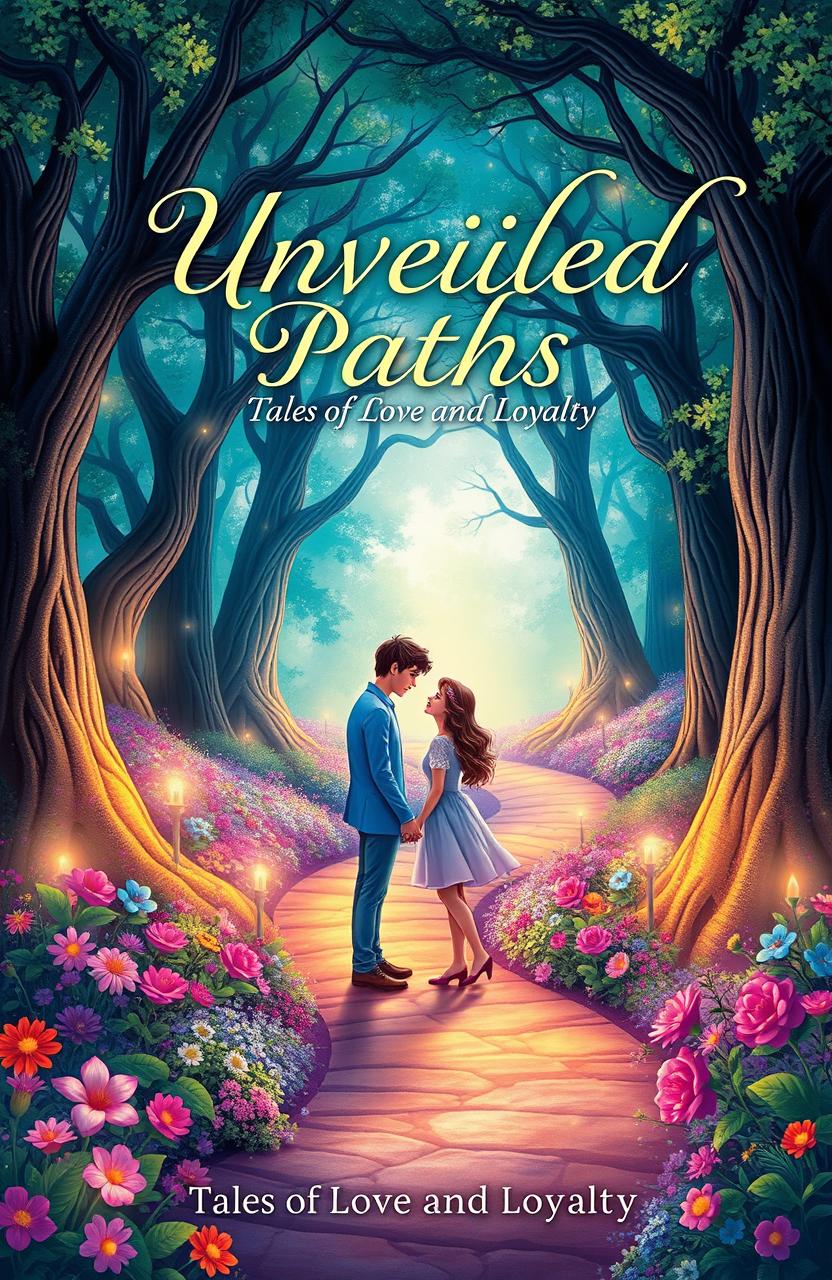 A beautifully illustrated book cover for a novel titled 'Unveiled Paths - Tales of Love and Loyalty'