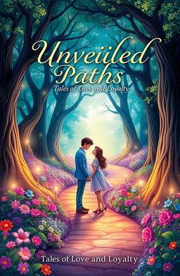 A beautifully illustrated book cover for a novel titled 'Unveiled Paths - Tales of Love and Loyalty'