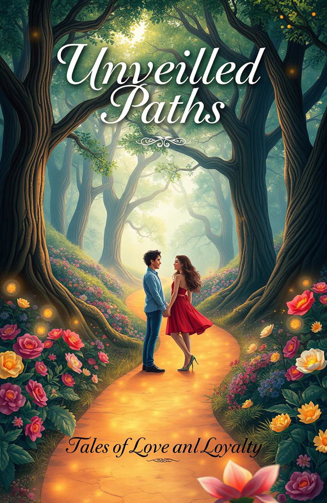 A beautifully illustrated book cover for a novel titled 'Unveiled Paths - Tales of Love and Loyalty'