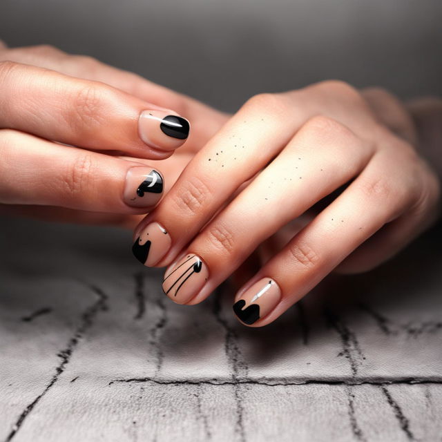 Close-up photograph of short, round-shaped nails with a matte nude base and minimalist black line designs