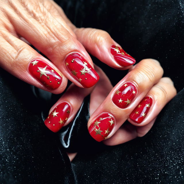 Close-up photograph of short, square-shaped nails with a glossy ruby red base and delicate gold star designs