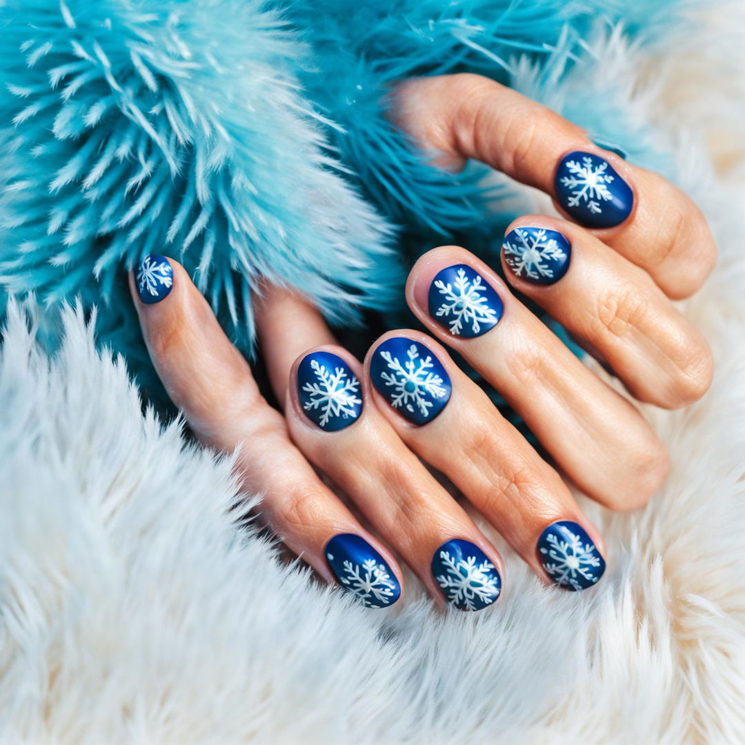 Close-up photograph of short, almond-shaped nails with a matte pastel blue base and delicate silver snowflake designs