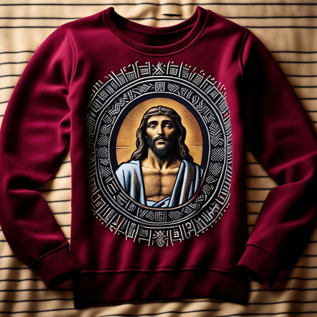 A 32k editorial photo of a richly hued cashmere sweatshirt featuring an intricate Christian and Jesus design, taken with a 200mm lens