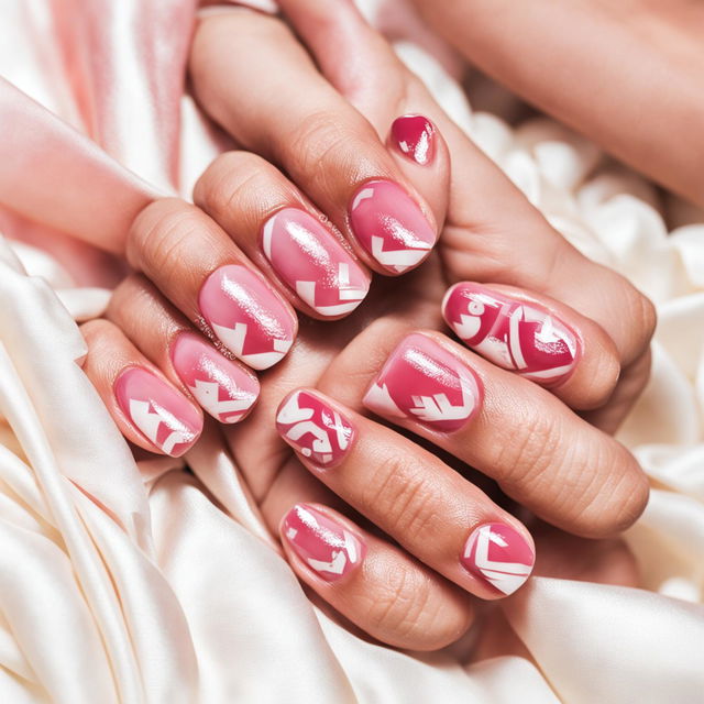 Close-up photograph of short, round-shaped nails with a glossy bubblegum pink base and delicate white heart designs