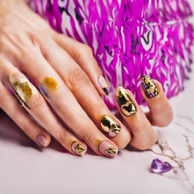 Close-up photograph of short, square-shaped nails with a matte lavender base and delicate gold heart designs