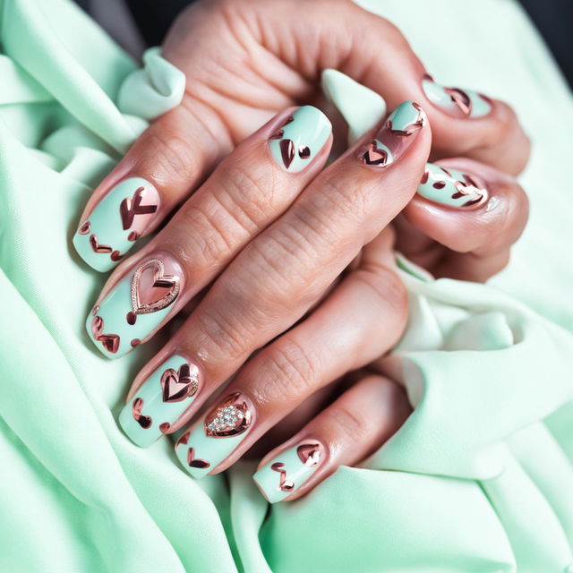 Close-up photograph of short, oval-shaped nails with a glossy mint green base and delicate rose gold heart designs