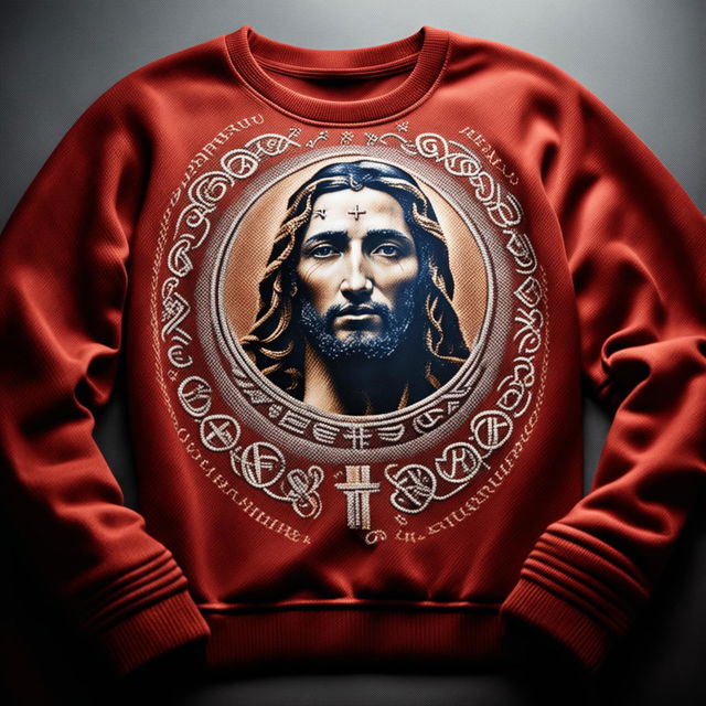 A 32k editorial photo of a richly hued cashmere sweatshirt featuring an intricate Christian and Jesus design, taken with a 200mm lens